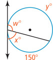 A circle has a tangent line forming two angles with a chord, one measuring w degrees through the larger arc of y degrees and one measuring x degrees with the smaller arc of 150 degrees.