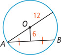 A circle has inscribed angle A. One side has the segment between center O of the circle and the end opposite A measuring 12. A segment measuring 6 extends from O and bisects the other side, AB.