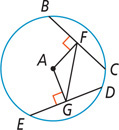 A circle has segments from center A meeting chords BC and DE at right angles at F and G, respectively, with segment FG.