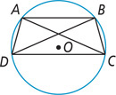 A circle with center O has four inscribed angles forming quadrilateral ABCD with diagonals AC and BD. Side AB is above O and side CD is below O.