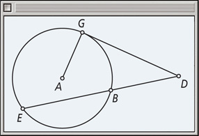 A geometry software screen displays a circle with center A. An angle has vertex D outside the circle, with a side meeting radius AG and other side to E forming chord BE.