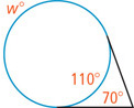 An angle measuring 70 degrees outside a circle has sides tangent to the circle, with closer arc 110 degrees and farther arc w degrees.