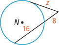 A circle with center N has an angle outside with side z tangent and other side secant, divided into segments measuring 8 outside and 16 inside.