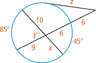 A circle has an exterior angle intersecting a chord.