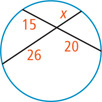 A circle has two intersecting chords, one divided into segments measuring 20 and 15 and the other divided into segments measuring x and 26.
