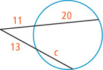 A circle has an angle outside with sides secant, one divided into segments measuring 11 outside and 20 inside, and the other divided into segments measuring 13 outside and c inside.