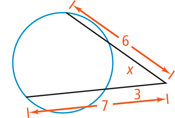 A circle has an angle outside with sides secant, one measuring 6 with outside segment x, and the other measuring 7 with outside segment 3.