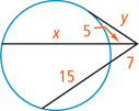 A circle has an angle outside with side y tangent and other side secant with outside segment measuring 7 and inside segment 15. A secant from the angle between the sides has outside segment measuring 5 and inside segment x.