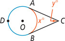 A circle with center O has angle C outside measuring y degrees with sides tangent at A and B. Closer arc AB is x degrees and farther arc AB contains point D.