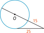 A circle has an angle outside with a side measuring 25 tangent and other side secant through center O, with outside segment measuring 15.