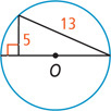 A circle with center O has an inscribed angle with one side as a diameter line and other side as a chord measuring 13. A segment measuring 5 extends from the other end of the chord and meets the diameter line at a right angle.
