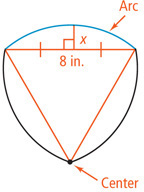 A triangle has a side measuring 8 inches with opposite vertex at the center of a circle. The arc of the side has a segment measuring x extending from it as perpendicular bisector of the side.