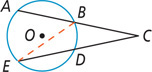A circle with center O has angle C outside with a side to A forming chord AB and other side to E forming chord DE. A segment connects B and E.
