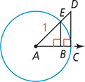 A circle with center A has a ray from A passing through C on the circle. A segment from A passes through E on the circle to D outside, with segment AE measuring 1. Segments EB and DC are perpendicular to AC.