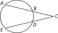 A circle has angle C outside, with one side passing through B on the circle to A on the circle, and other side passing through D on the circle to E on the circle.