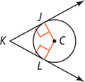A circle has angle K outside with sides tangent at J and L. Segments from center C meet J and L perpendicular to the sides of angle K.