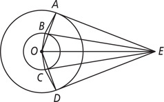 Two concentric circles have center O, with point E outside. From O, segments lead to B and C on the inner circle and A and B on the outer circle, with segments AB and CD connecting the circles. Segments from E lead to A, B, O, C, and C.