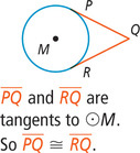 A circle with center M has angle Q outside with sides tangent to the circle at P and R. Segment PQ and segment RQ are tangents to circle M, so segment PQ is congruent to segment RQ.