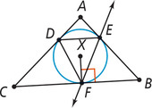Triangle ABC is circumscribed around a circle, tangent at D on side AC, E on side AB, and F on side BC. A triangle is formed by segments DE and DF and line EF. A line from center X of the circle meets F perpendicular to BC.
