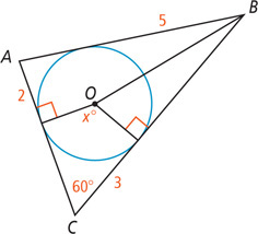 Triangle ABC, with angle C 60 degrees, is circumscribed around a circle with center O, with side AB divided into a segment measuring 5 adjacent to B, side AC divided into a segment measuring 2 adjacent to A, and side BC divided into a segment measuring 3 adjacent to side C. Radius lines from O meet AC and BC at right angles, and are x degrees apart. A segment extends from O and B.