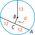 A circle with center B has a radius line measuring 13 and a chord with end at A.A segment measuring d bisects the chord at point C, into segments measuring 12.