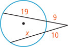 A circle has an angle outside with sides secant to the circle, one divided into segments measuring 9 outside and 19 inside, the other divided into segments measuring 10 outside and x inside.
