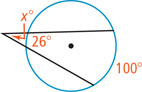 A circle has an angle measuring x degrees outside with side secant to the circle, forming closer arc 26 degrees and father arc 100 degrees.