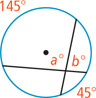 A circle has two chords intersecting. At the intersection, angle a degrees has arc 145 degrees, adjacent to angle b degrees and opposite an angle with arc 45 degrees.