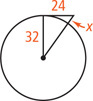 A triangle has a vertex at the center of a circle, with one side measuring 32 as a radius line, another leg measuring 24 tangent to the circle, and third leg extending x outside the circle from a radius line.