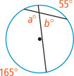 A circle has two chords intersecting. At the intersection, an angle measuring a degrees has arc 165 degrees, adjacent to an angle of b degrees.