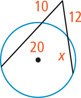 A circle has an angle outside with sides secant to the circle, one divided into segments measuring 10 outside and 20 inside and other divided into segments measuring 12 outside and x inside.