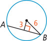 A circle has radius line measuring 6 from the center to B on chord AB. A segment measuring 3 meets AB at a right angle.