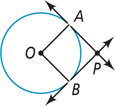 A circle has radius lines OA and OB with lines tangent at A and B intersecting at P.