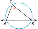 A circle has inscribed angle C with sides extending to A and B on a line, forming triangle ABC.