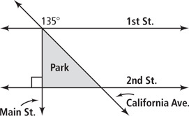 A triangular park has a vertex between Main St. and California Ave., with 1st St. through the intersection forming a 135 degree angle with California Ave. opposite the park. The opposite side of the park is on 2nd St., with a right angle at Main St.