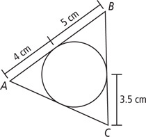 Triangle ABC circumscribes a circle, with side AB divided into segments measuring 4 centimeters to A and 5 centimeters to B. Side BC is divided into a segment measuring 3.5 centimeters to C.