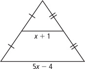 A triangle has midsegment measuring x + 1 above base measuring 5x minus 4.