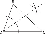 Triangle ABC has an arc drawn around A through sides AB and AC. From the intersections of the arc and the sides, arcs intersect outside side BC. A line extends from A through the intersection of the arcs.