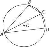A circle with center O has inscribed angles with vertex A. Angle CAD has O inside and angle BAC is above. Chords BC and CD form sides of triangles with the sides of the angles.