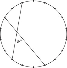 Eighteen posts are connected in a circle. Two chords between posts intersect. One arc between has two posts inside with angle w degrees at the intersection. The opposite arc has one post.