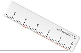 A centimeter ruler has 0 at the end of the line and edge along the 28 degrees mark. A line is drawn from 0 to 3 centimeters.