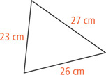 A triangle has sides measuring 23 centimeters, 26 centimeters, and 27 centimeters.
