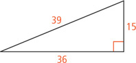 A right triangle has legs measuring 15 and 36 and hypotenuse measuring 39.