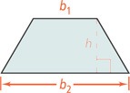 A trapezoid has top base b subscript 1 baseline, bottom base b subscript 2 baseline, and height h perpendicular between bases.