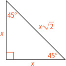 A right triangle has legs each measuring x opposite angles measuring 45 degrees and hypotenuse measuring x radical 2.