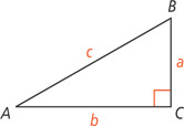 Triangle ABC has right angle at C with leg BC  measuring a, leg AC measuring b, and hypotenuse AB measuring c.