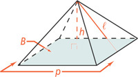 A regular pyramid has base perimeter P, base area B, height h from vertex perpendicular to the base, and slant height l along a side from vertex perpendicular to a base edge.