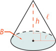A right cone has circular base with radius r and area B, height h from vertex perpendicular to the center of the base, and slant height l from vertex to the edge of the base.