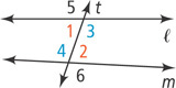 Transversal t intersects two nearly horizontal lines, l above m. Angle 1 is left of t below l and angle 2 right of t above m. Angle 3 is right of t below l and angle 4 is left of t above m. Angle 5 is left of t above l and angle 6 is right of t below m.