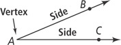 An angle has vertex A, from which two sides extend through points B and C, respectively.